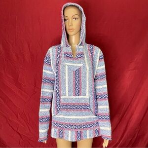 Baja Joe Pull-Over Baja Campfire Hoodie Large Pink & Blue Pattern Men's Large